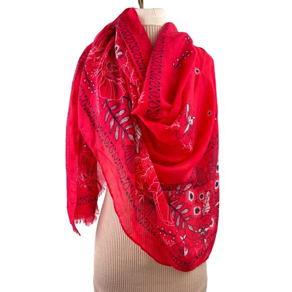 Seed Heritage Red Navy Bandana Scarf/Wrap Shawl Floral Around Neck Raw Hem - Picture 1 of 4
